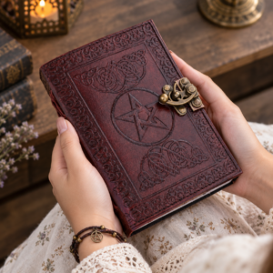 Vintage embossed leather journal with Celtic-inspired border, pentagram design, and antique-style metal clasp