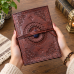 Vintage Embossed Leather Journal with Antique Wraparound Strap & Blue Stone | Handmade Writing Diary Notebook - Image 2