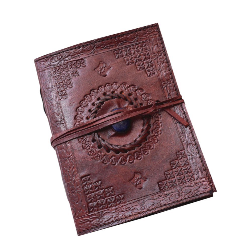 Intricate Floral Embossing • Leather Wraparound Closure • Decorative Blue Stone (2) Vintage Embossed Leather Journal with Antique Wraparound Strap & Blue Stone | Handmade Writing Diary Notebook