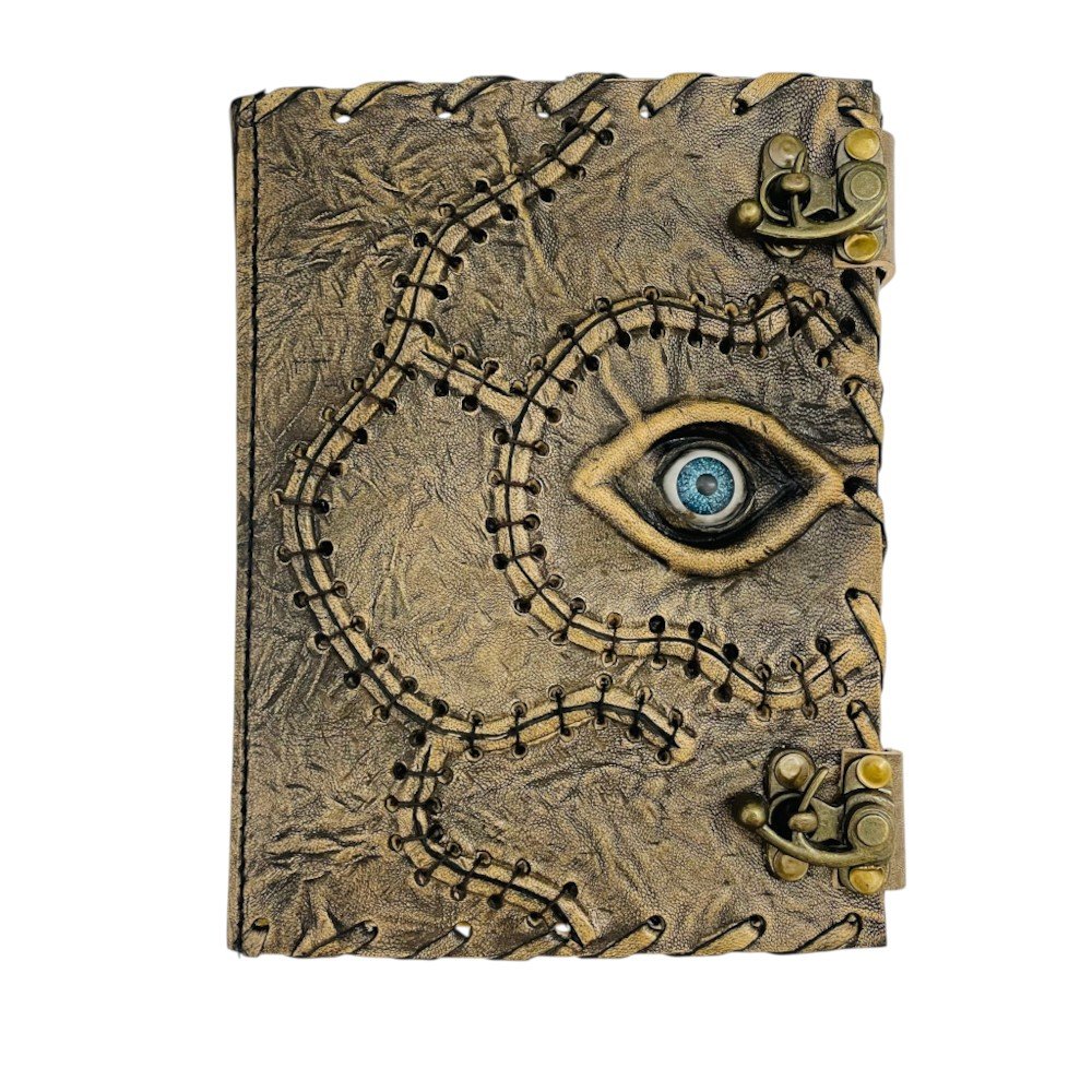Vintage Leather Eye Spellbook Journal with Dual Brass Lock Clasps – Handcrafted Book of Shadows, Wiccan Grimoire & Halloween Prop (4) Leather journal wholesale, Handmade leather spellbook supplier, Bulk vintage leather notebook, Grimoire book of shadows manufacturer, Hocus pocus leather journal supplier, Leather eye journal manufacturer India, Custom leather journal manufacturer, Antique leather notebook factory price, Wiccan spellbook wholesale supplier