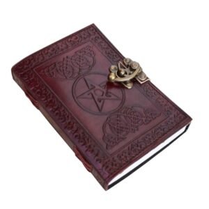 Vintage embossed leather journal with Celtic-inspired border, pentagram design, and antique-style metal clasp