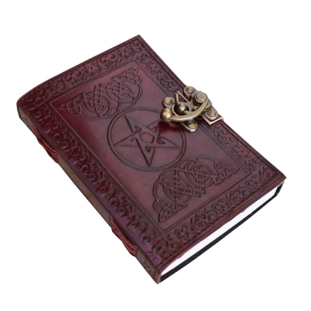 Vintage embossed leather journal with Celtic-inspired border, pentagram design, and antique-style metal clasp